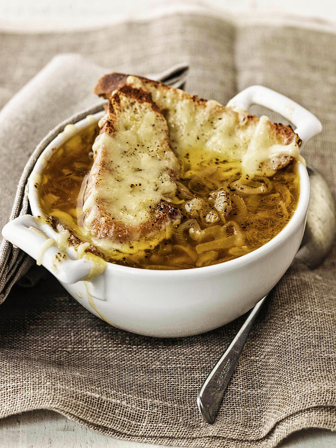 French Onion Soup With Baguette Croutons Made With Gruyere Cheese Photograph by Michael Paul