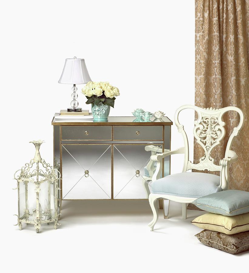 French Provincial Decor; Dresser, Chair, Pillows And Lamps Photograph by Monica Mckenna