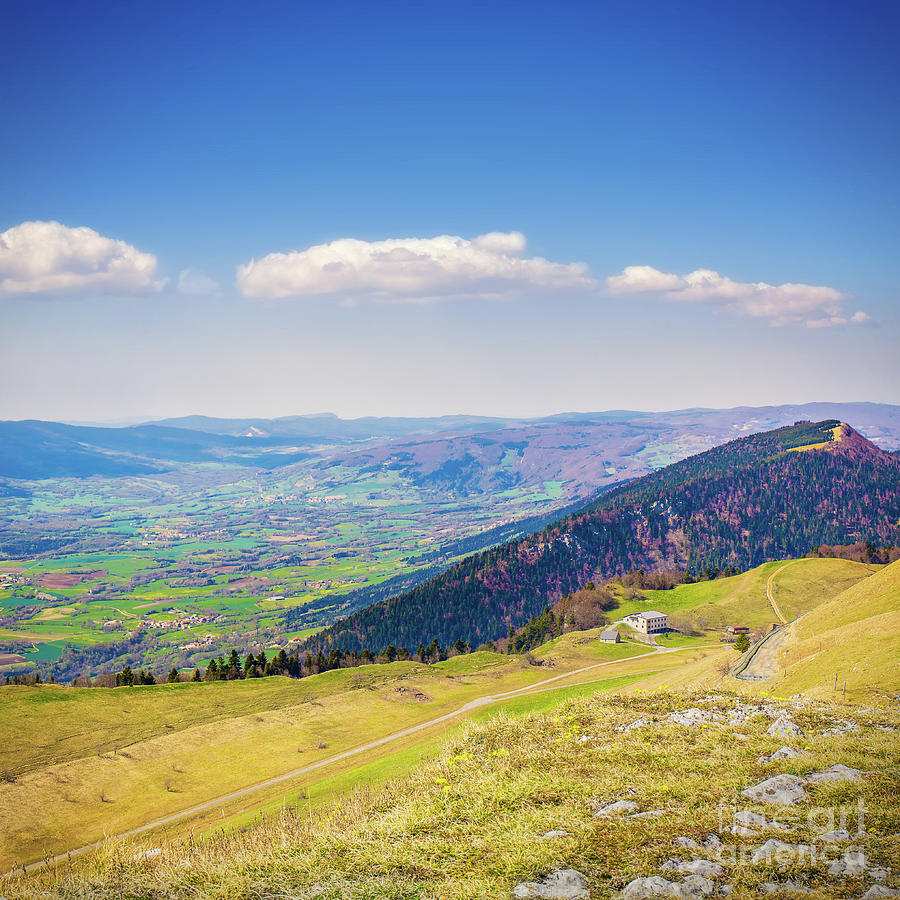 Mountain Photograph - French rolling landscape hill mountain with chalet in summer by Gregory DUBUS