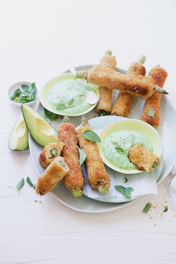 French Toast Roll-ups With Ham, Asparagus And Avocado And Rocket Dip Photograph by Great Stock!