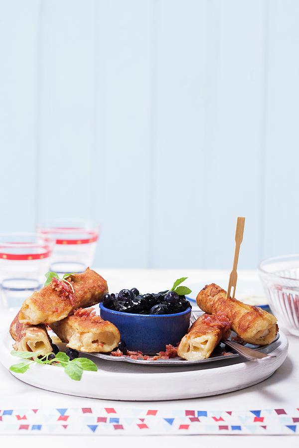 French Toast Rolls With Cinnamon And Brie Served With Blueberry Compote Photograph by Great Stock!