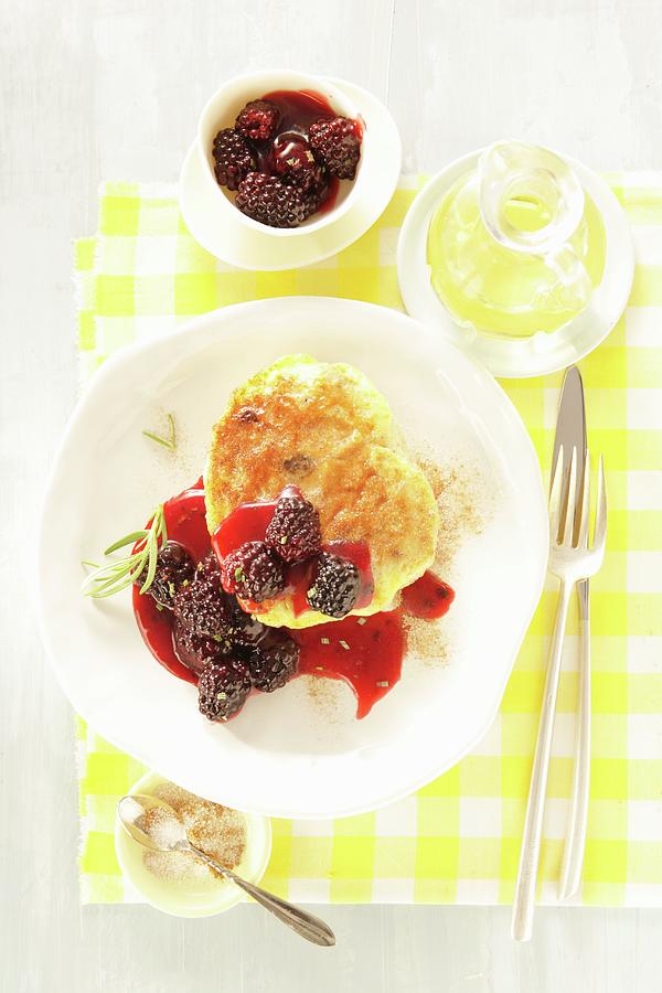 French Toast With Fried Honey Blackberries And Rosemary Photograph by Uwe Bender