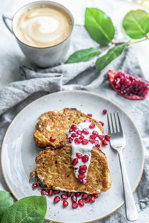 French Toast With Yogurt And Pomegranate Served With Coffee Photograph by Diana Kowalczyk