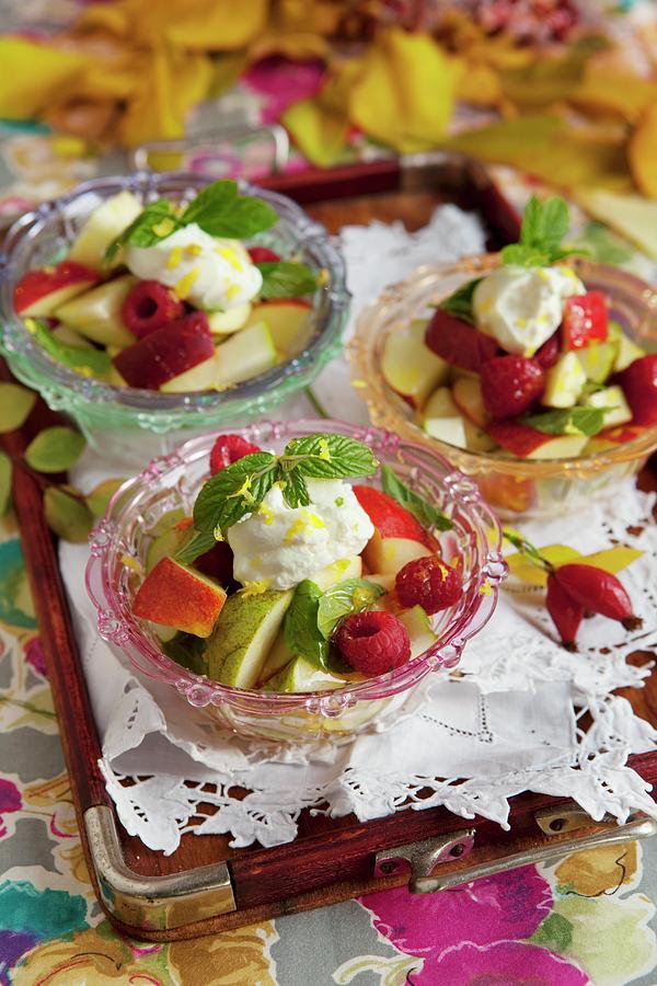 Fresh Apple And Raspberry Salad With Yoghurt And Honey Photograph by Ekblom, Ulrika