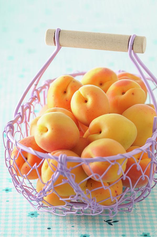 Fresh Apricots In A Lilac-coloured Wire Basket Photograph by Jean-christophe Riou
