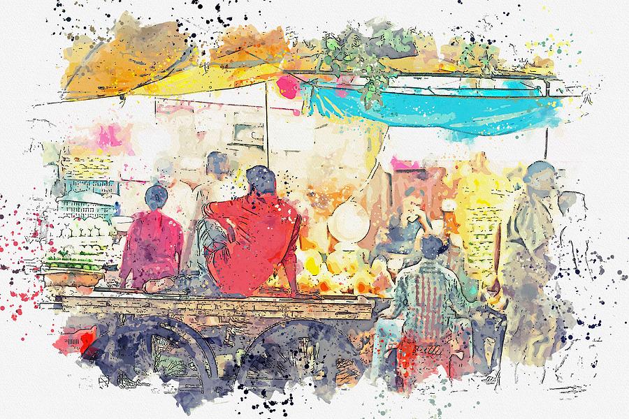 Fresh Bazaar, New Delhi, India -  watercolor by Adam Asar Painting by Celestial Images
