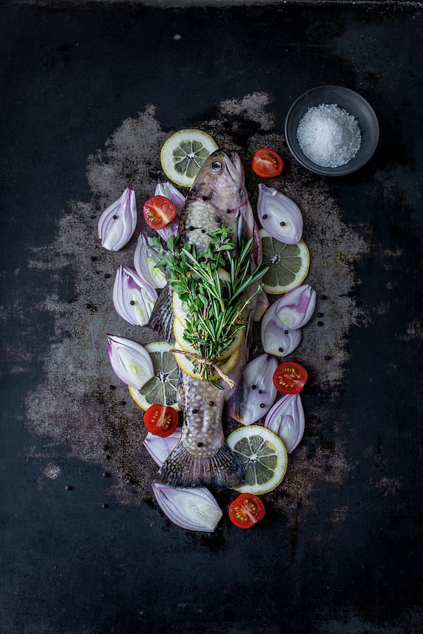 Fresh Brook Trout With Ingredients Ready To Be Roasted Photograph by Carolin Strothe