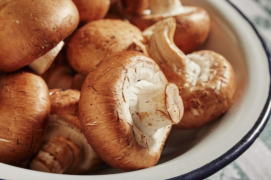 Fresh, Brown Mushrooms In An Enamel Bowl close-up Photograph by Brian Yarvin