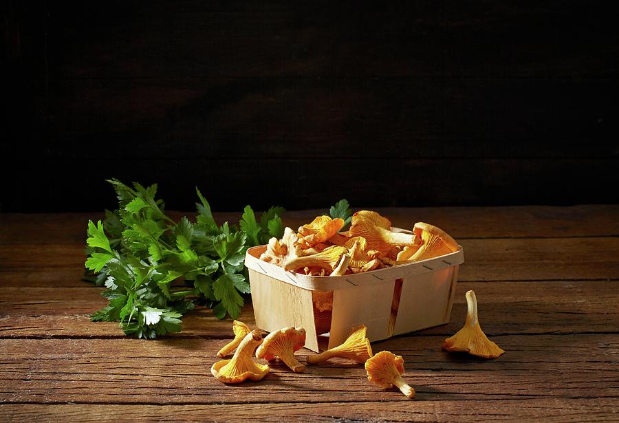 Fresh Chanterelle Mushrooms In A Wooden Basket With Parsley Photograph by Kai Schwabe