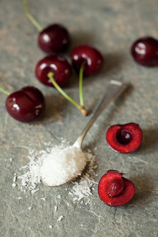 Fresh Cherries And Dessicated Coconut Photograph by Jane Saunders