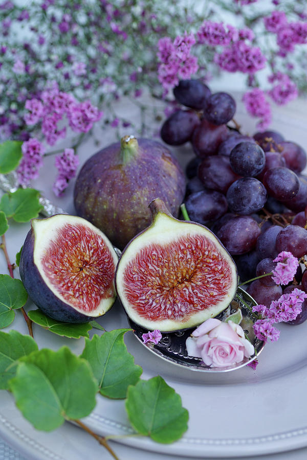Fresh Figs And Grapes Surrounded By Flowers Photograph by Angelica Linnhoff