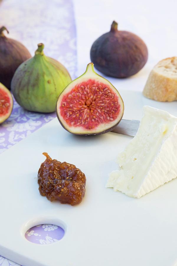 Fresh Figs, Fig Pulp, Camembert, A Knife And A Slice Of Baguette Photograph by Larissa Veronesi