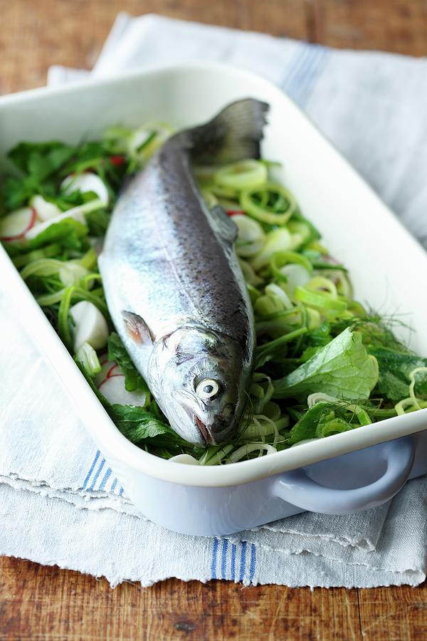 Fresh Fish In A Baking Dish On A Bed Of Vegetables Photograph by Mona Binner Photographie