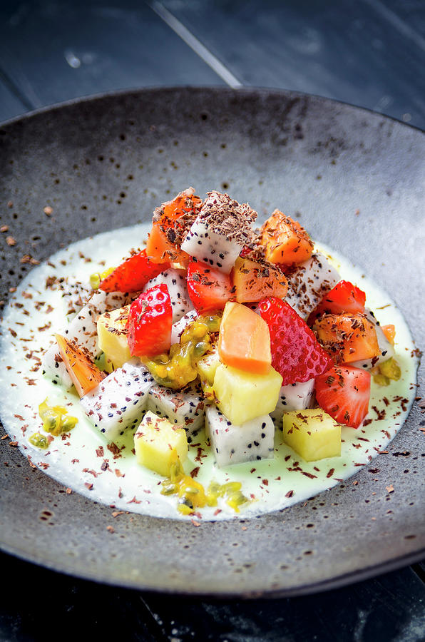 Fresh Fruit Salad Strawberry, Pinapple, Dragonfruit, Mango, Melon, Passion Fruit In A Green Mint And Yogurt Dressing And Chocolate Shavings Photograph by Giulia Verdinelli Photography
