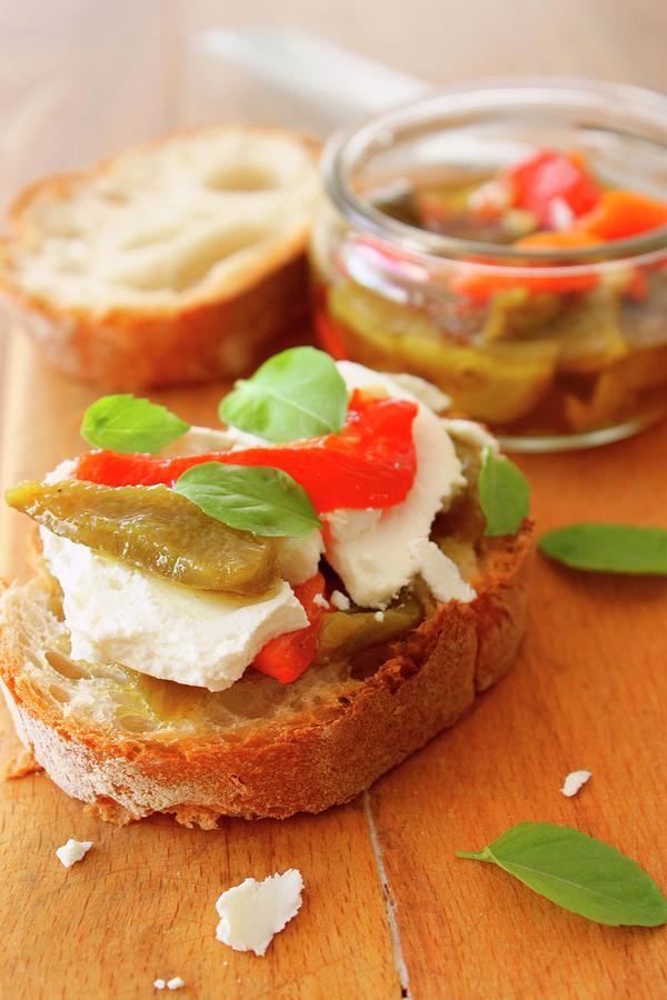 Fresh Goats Cheese And Pickled Bell Pepper Open Sandwich Photograph by Gousses De Vanille