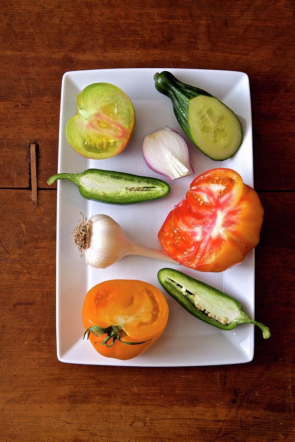 Fresh Heirloom Tomatoes, Cucumber, Jalapeo Peppers, Garlic And Onions Photograph by Andre Baranowski