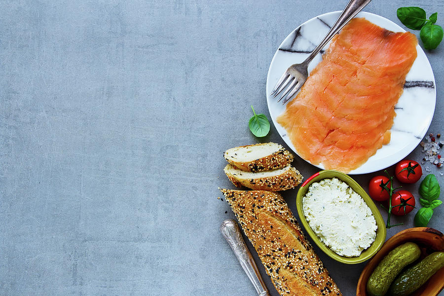 Fresh Ingredients For Making Healthy Sandwich. Baguette, Smoked Salmon, Creamcheese, Pickles And Basil Photograph by Yuliya Gontar