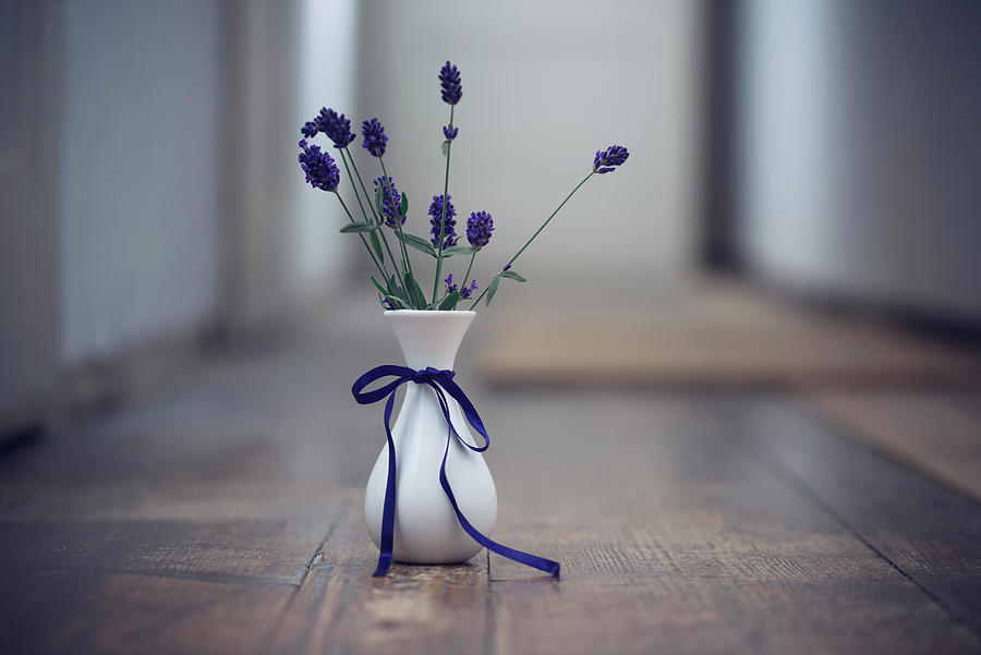 Fresh Lavender Flowers In A Vase On A Wooden Floor Photograph by Kati Neudert