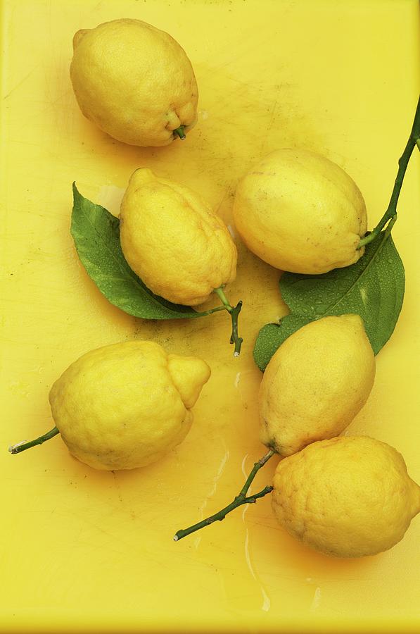 Fresh Lemons Against A Yellow Background Photograph by Hugh Johnson