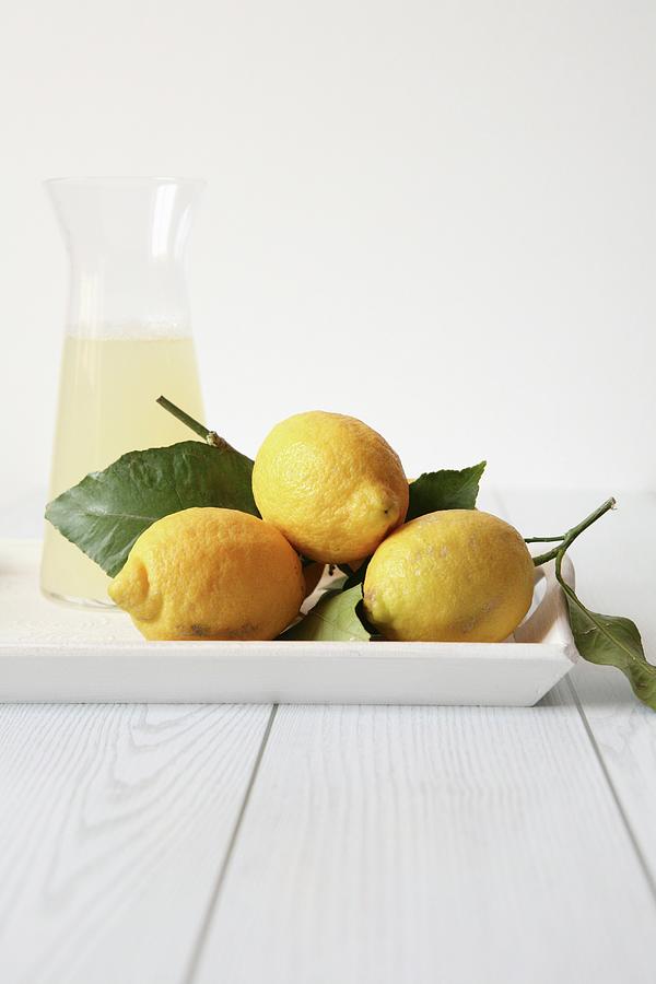 Fresh Lemons, And White Wine In A Glass Carafe Photograph by Viola Cajo