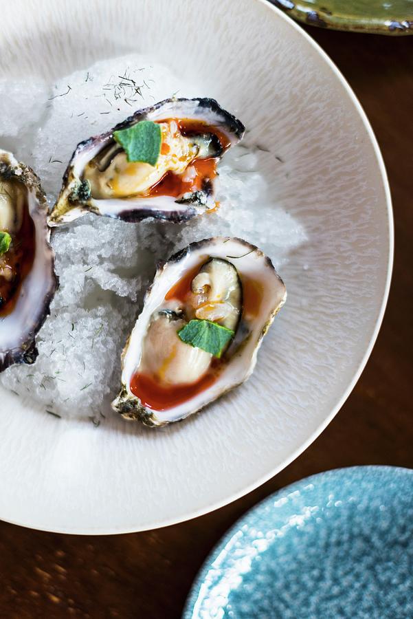 Fresh Oysters In Sauce On Crushed Ice Photograph by Hein Van Tonder