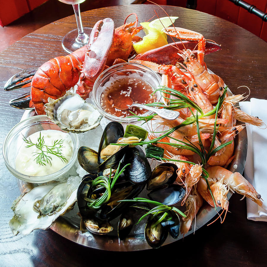 Fresh Seafood Platter With Red Lobster, Langoustine, Prawns, Mussels, Oysters, Clams, With A Tartare And Sweet Chilli Sauce Photograph by Giulia Verdinelli Photography