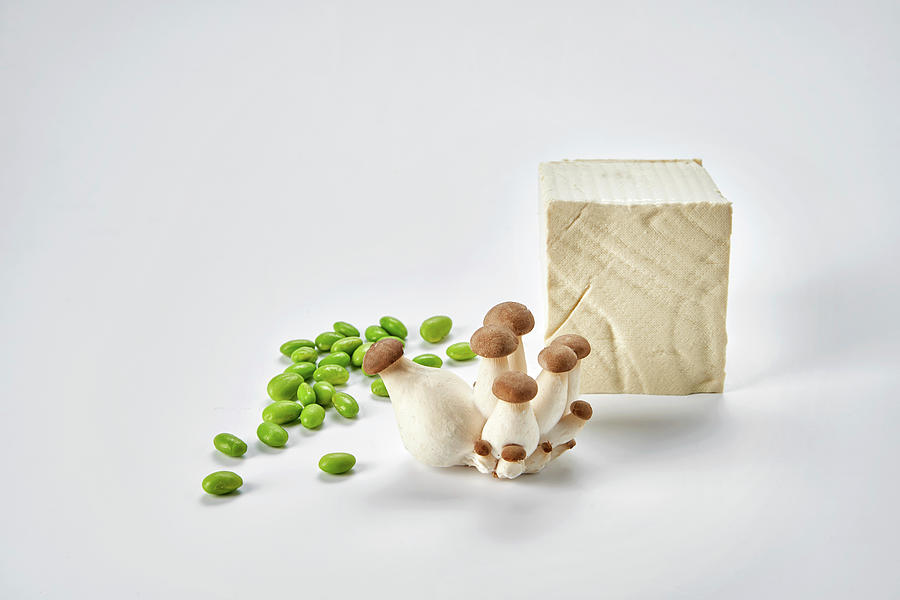 Fresh Soya Beans, Tofu And King Trumpet Mushrooms Photograph by Herbert Lehmann