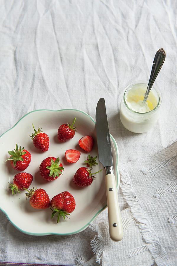 Fresh Strawberries And A Jar Of Natural Yoghurt Photograph by Babicka, Sarka