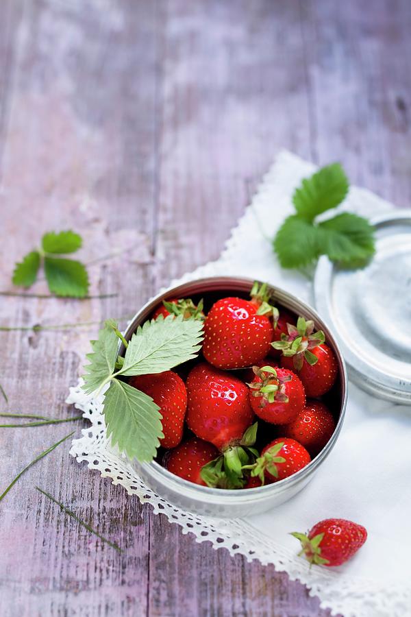 Fresh Strawberries In A Metal Tin Photograph by Brigitte Sporrer