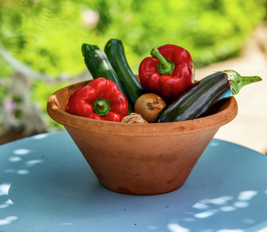 Fresh Vegetables In A Terracotta Bowl On A Table Outside Photograph by Roger Stowell