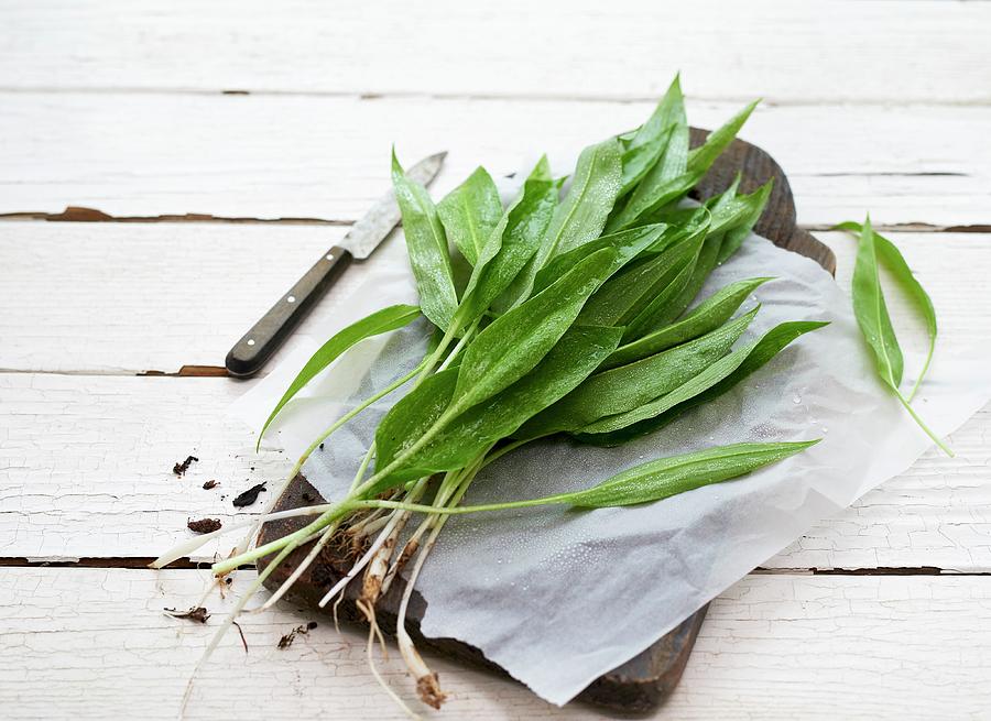 Fresh Wild Garlic On Paper And A Wooden Chopping Board Photograph by Stefan Schulte-ladbeck