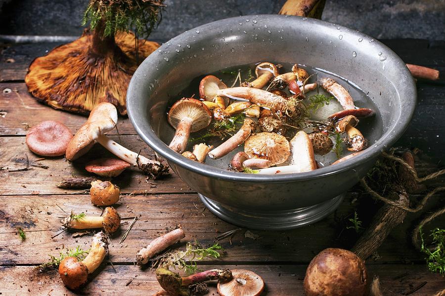 Fresh Wild Mushrooms With An Old Bowl Filled With Water On A Wooden Table Photograph by Natasha Breen