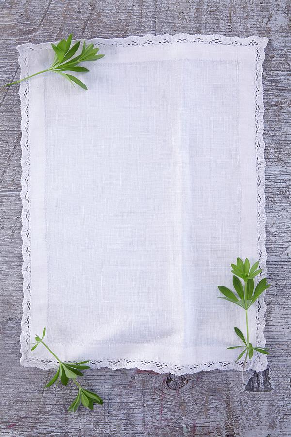 Fresh Woodruff Leaves On A White Linen Cloth Photograph by Anke Schtz