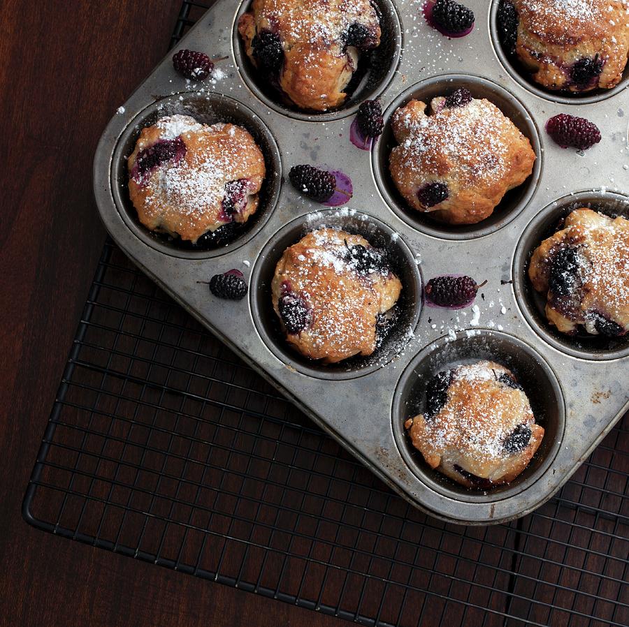 Freshly Baked Mulberry Muffins In A Muffin Tin seen From Above Photograph by Katharine Pollak