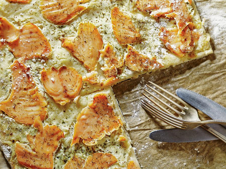 Freshly Baked Tart Flamb With Salmon, Sliced, On A Baking Tray Photograph by Foto4food