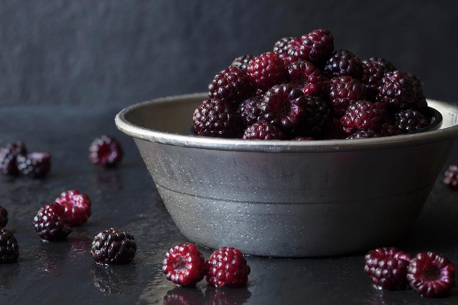 Freshly Picked Wild Black Raspberries In A Metal Bowl On Slate Photograph by Katharine Pollak