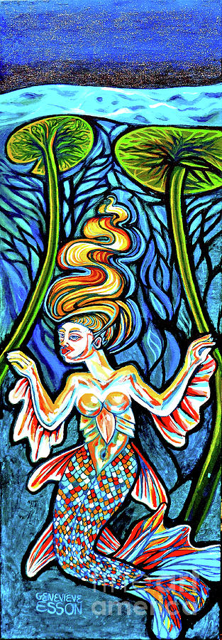 Freshwater Mermaid With Water Lilies At Night Painting by Genevieve Esson