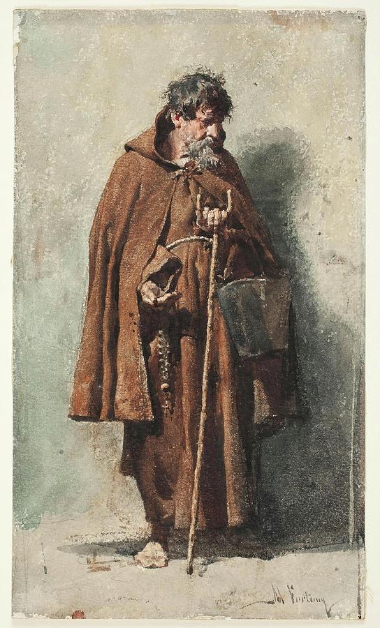 Friar begging. 1862 - 1867. Watercolour, Pencil on white paper. Painting by Mariano Fortuny y Marsal -1838-1874-