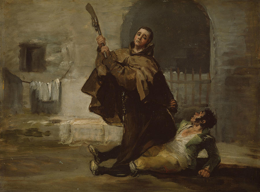 Friar Pedro Clubs El Maragato with the Butt of the Gun Painting by Francisco Goya