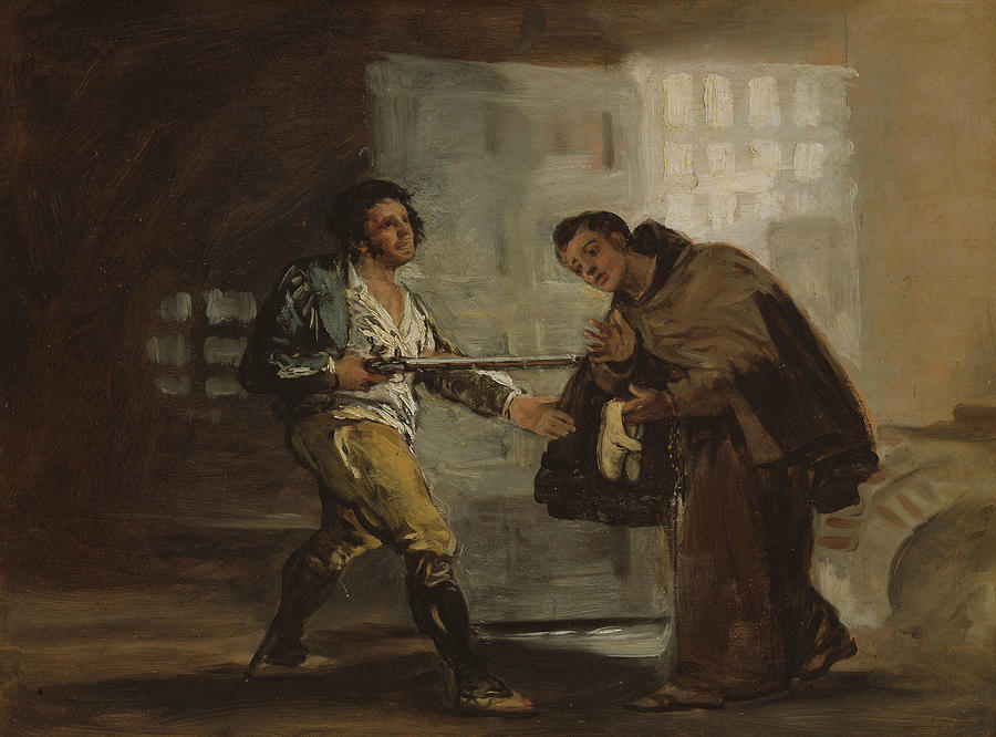 Friar Pedro Offers Shoes to El Maragato and Prepares to Push Aside His Gun Painting by Francisco Goya