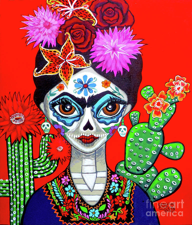 Frida Kahlo Dia De Los Muertos Portrait Painting by Genevieve Esson