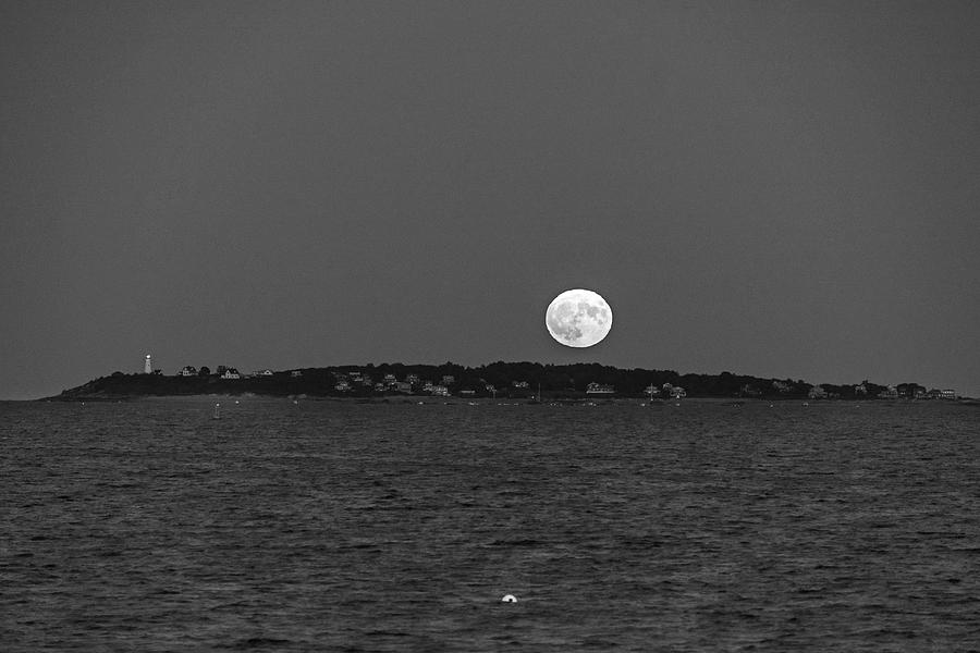 Friday the 13th Full Moon rising over Bakers Island Salem MA Black and White Photograph by Toby McGuire