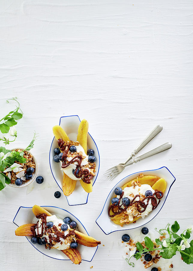 Fried Banana Split With Coconut Yoghurt And Home-made Granola Photograph by Great Stock!
