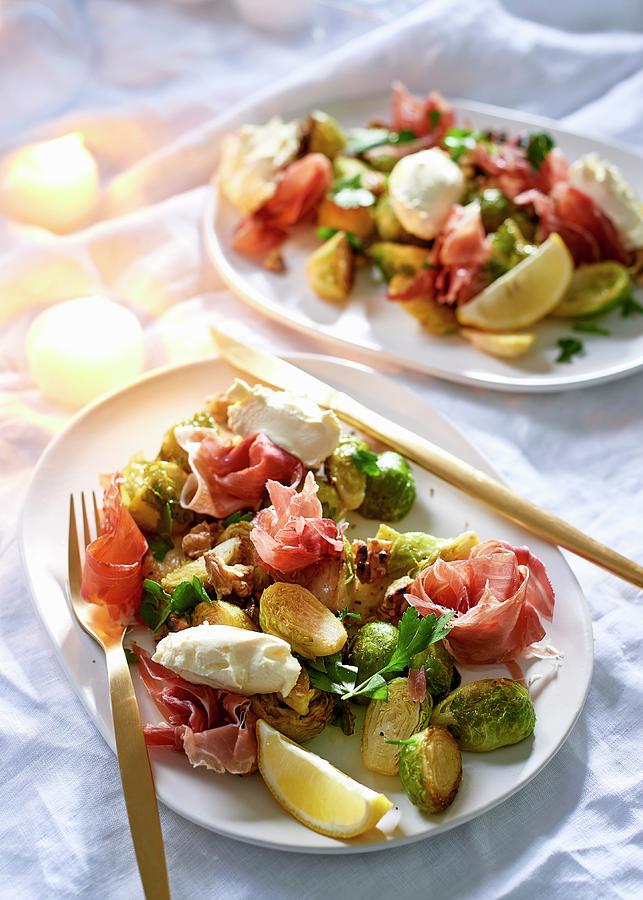 Fried Brussel Sprouts With Smoked Ham, Creme Fraiche And Lemon Photograph by Great Stock!