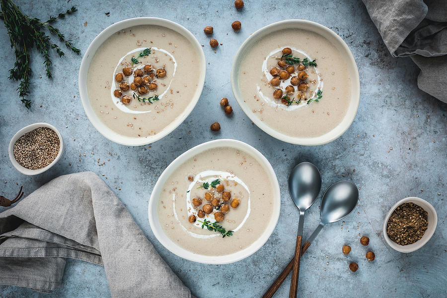 Fried Cauliflower Soup With Chickpeas And Dukkah Photograph by Christian Kutschka
