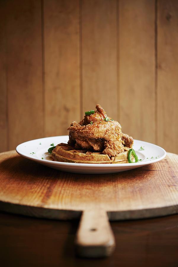 Fried Chicken And Waffles With Bourbon Maple Syrup And Jalapenos ...