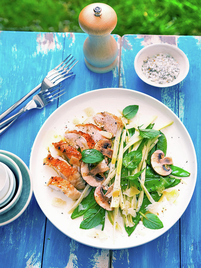 Fried Chicken Breast With Celery, Mushrooms, Mange Tout And Mint Photograph by Ira Leoni