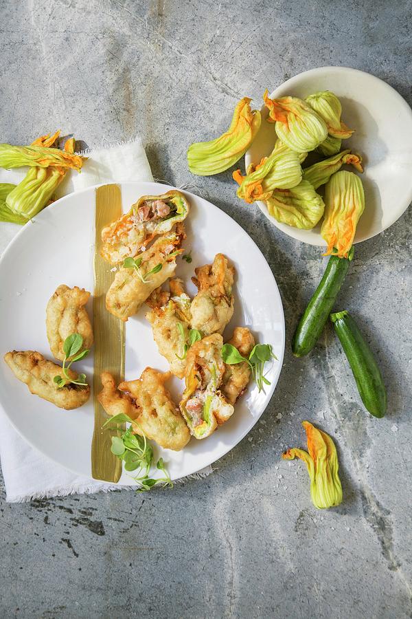 Fried Courgette Flowers Filled With Goats Cheese, Bacon And Sage Photograph by Great Stock!