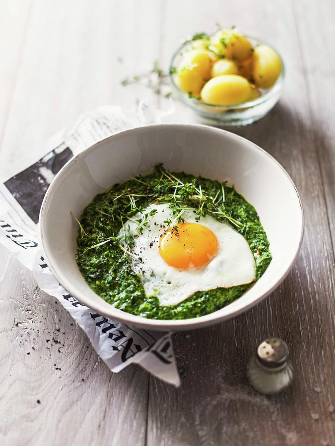 Fried Egg And Creamy Spinach With New Potatoes Photograph by Thorsten Kleine Holthaus