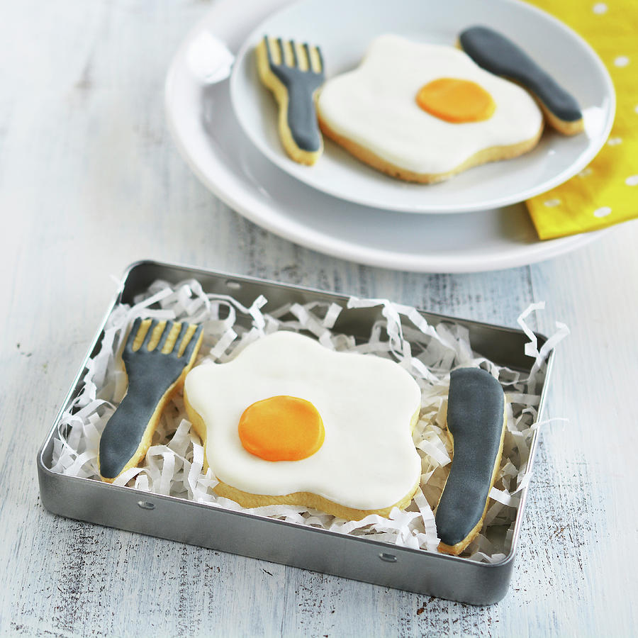 Fried Egg And Cutlery Biscuits In A Tin And On A Plate Photograph by Mariola Streim